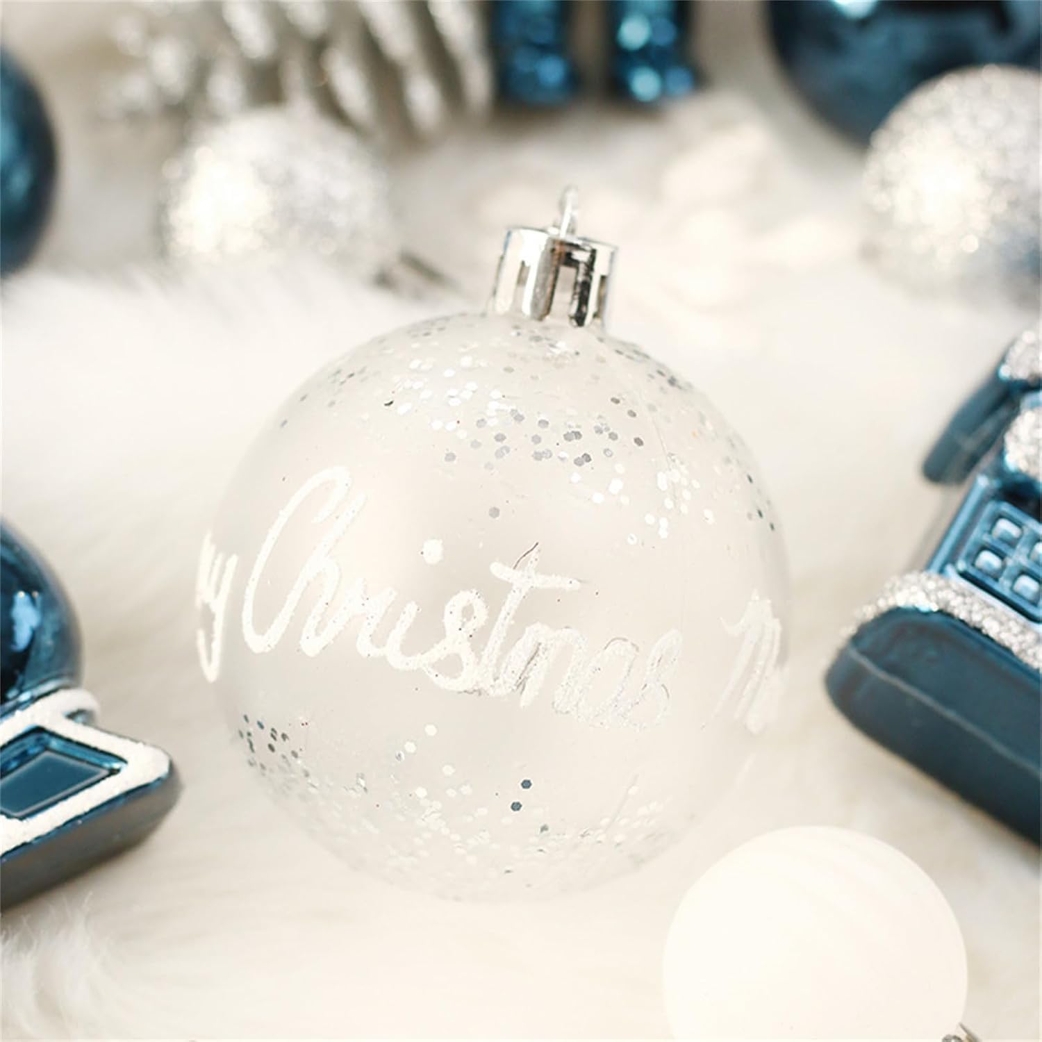 Weihnachtskugel Ornamente Set von 50, Bruchsicher Kunststoff (Blau Weiß Silber)