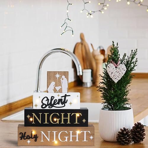 Miniatura 7 de Juego de Belén para Navidad en interiores, MEETYAMOR de gran tamaño, LED, 4 capas, bloque de madera, letrero de noche santa silenciosa, decoración