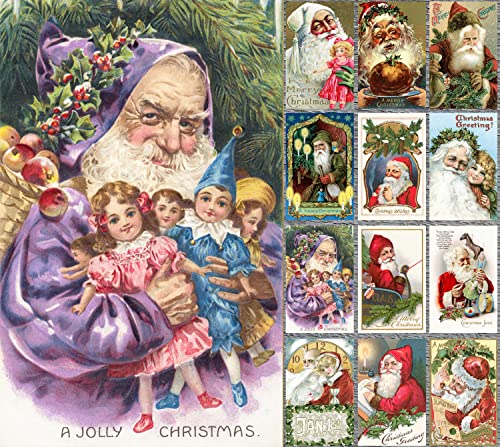 Image of PIXILUV CHRISTMAS SANTA (Pack of 12) Notecards Small Greeting Cards # Vintage Santa Claus with Toys and Christmas Wishes ~ Vintage Christmas Postcards Reprint