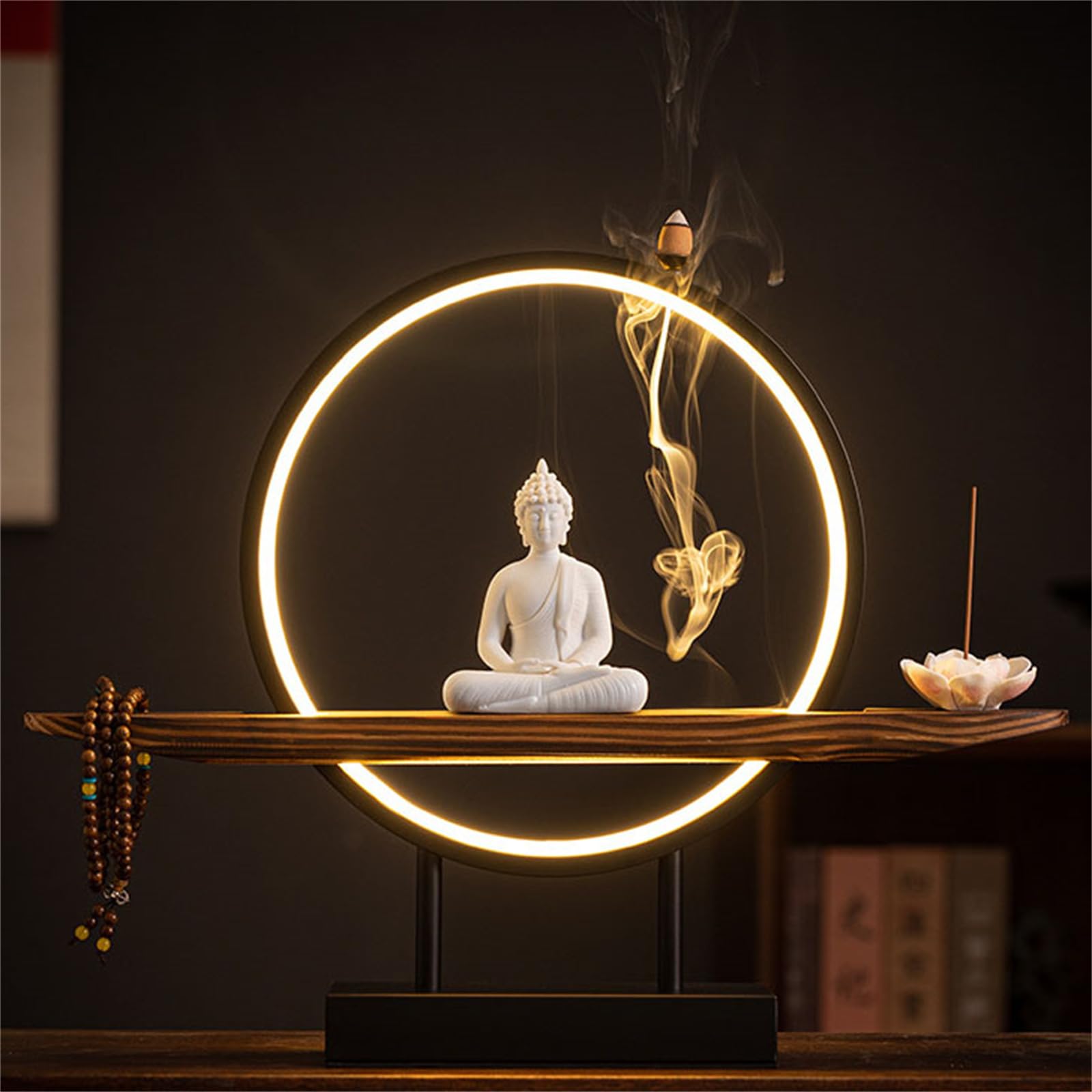 Large Buddhist Statue with Artificial Tree and LED Circle Table, Buddha Figure Lamp Wall Light 3D Mural Sconce Lamp Zen Light Wall Decor Hanging Artwork Wall Art for Living Room Incense Porch,05