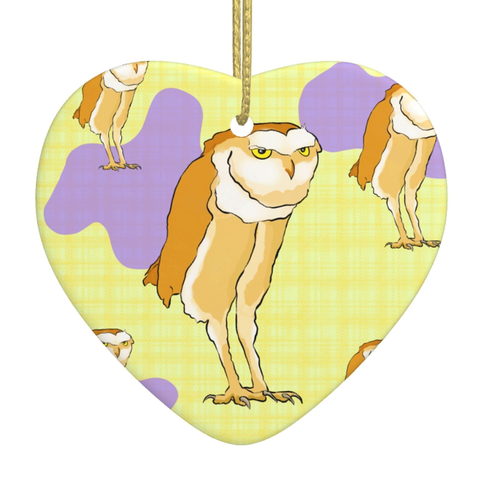 Standing Owl Ceramic Christmas Heart Pendant with Silk Thread, Christmas Tree Home Decoration