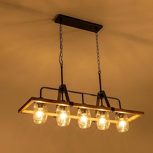 Miniatura 9 de Wellmet Lámpara de araña de isla de cocina, tarro de masón, lámpara colgante de 5 luces de pintura de madera para sala de estar, mesa de comedor,