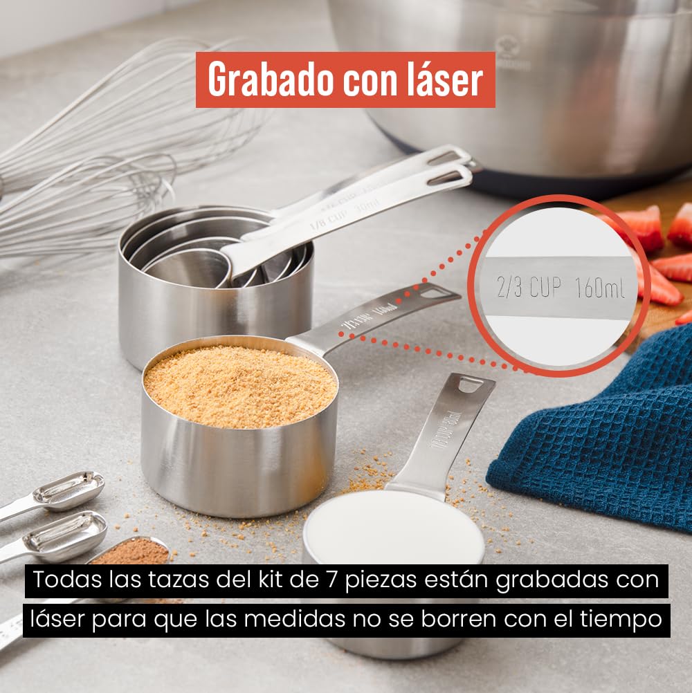 Chef Pomodoro Tazas Medidoras Cocina - Juego de 7 Piezas Medidores de Cocina Acero Inoxidable Apilables con Mango Largo y Resistente - Cucharas Medidoras para Ingredientes Húmedos y Secos