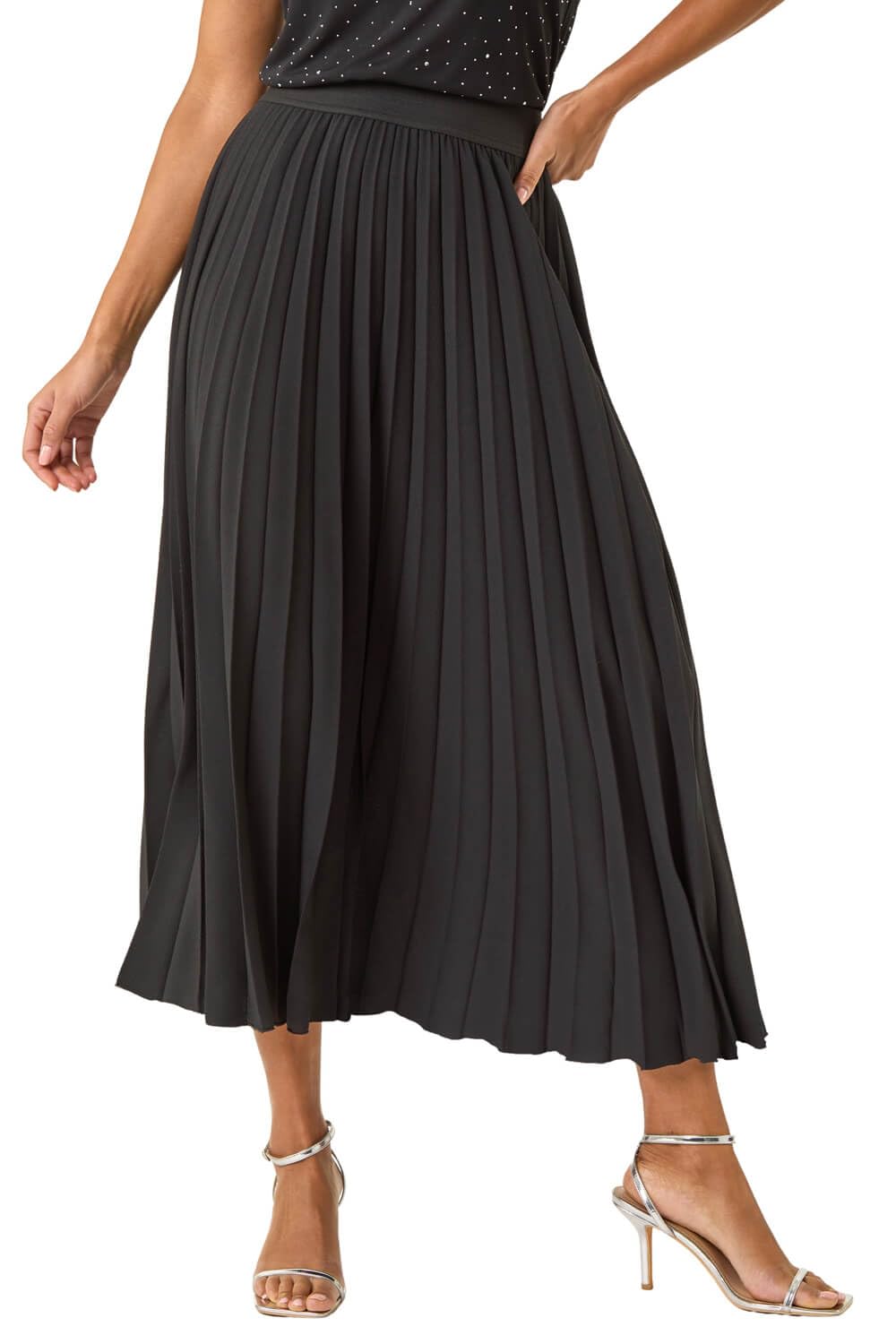 Roman Originals Women's Black Pleated Skirt For Uk Maxi Midi Crinkle Summer Smart Casual Evening Special Occasion Elasticated Waistband Party Holiday Long Crepe - Size 12
