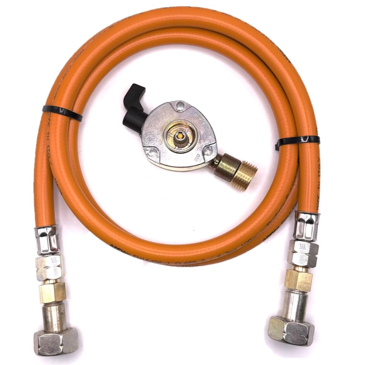 Tubo gas ad alta pressione GPL 1,5 m arancione – Adattatore per bombola gas da 20 mm con clip per attacco a 21,8 mm LH, senza valvola di non ritorno