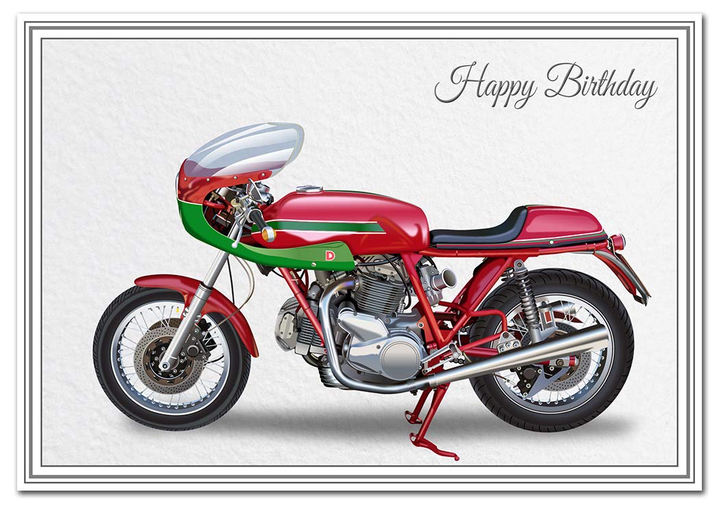 Birthday Card for men - Classic Motorbike Biker - Special Unique Unusual - Cool Vector Art - Happy Bday - Best Good Wishes - 1974 Mike Hailwood Replica - Blank inside - Made UK