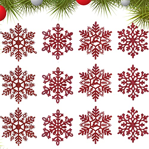 YEAPEAK 24pcs Ornements De Flocon De Neige, Flocon De Neige Decoration, Noël Flocon De Neige Scintillant, Décorations Flocon De Neige Scintillantes,pour La Décoration De Fête De Noël.(Rouge, 10cm) Cover