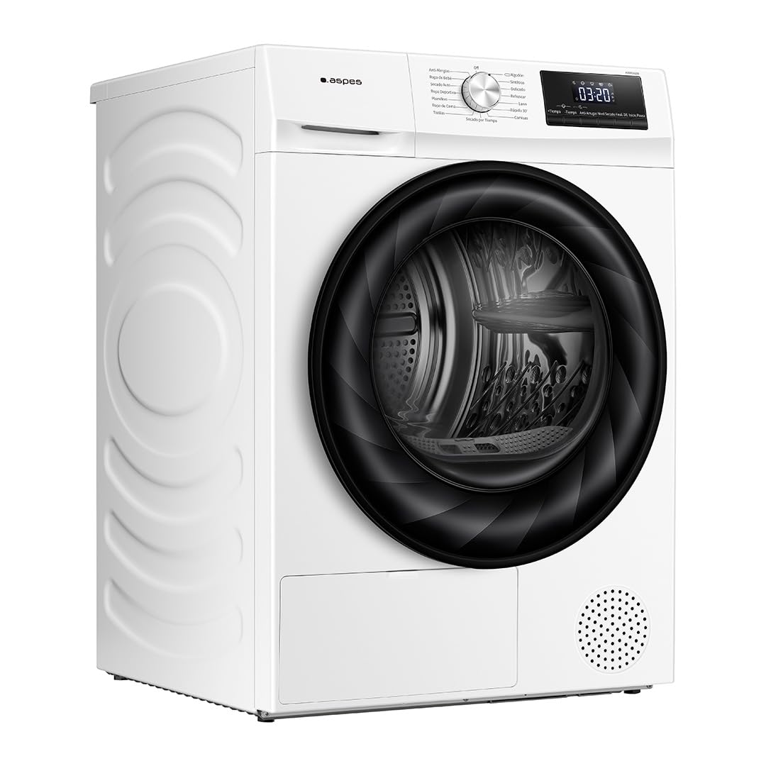 Aspes Secadora Bomba Calor 8Kg, Carga Frontal, Blanco, ASB801A2DB. 650W, 15 Programas, Función Antiarrugas, Función Antiarrugas, Tambor Waterdrop, Display LED manual, Eficiencia Energética Clase A++