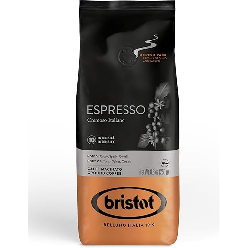 Bristot Espresso Cremoso Italiano Ground Coffee – Medium Roast, Rich & Smooth – 8.8oz (250g) Bag – Italian Ground Espresso for Home Machines