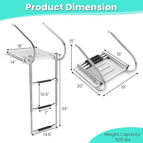 Miniatura 7 de Goplus Escalera de barco con plataforma de natación de 3 escalones, escalera plegable telescópica con pasamanos, 3 pasos antideslizantes, escalera