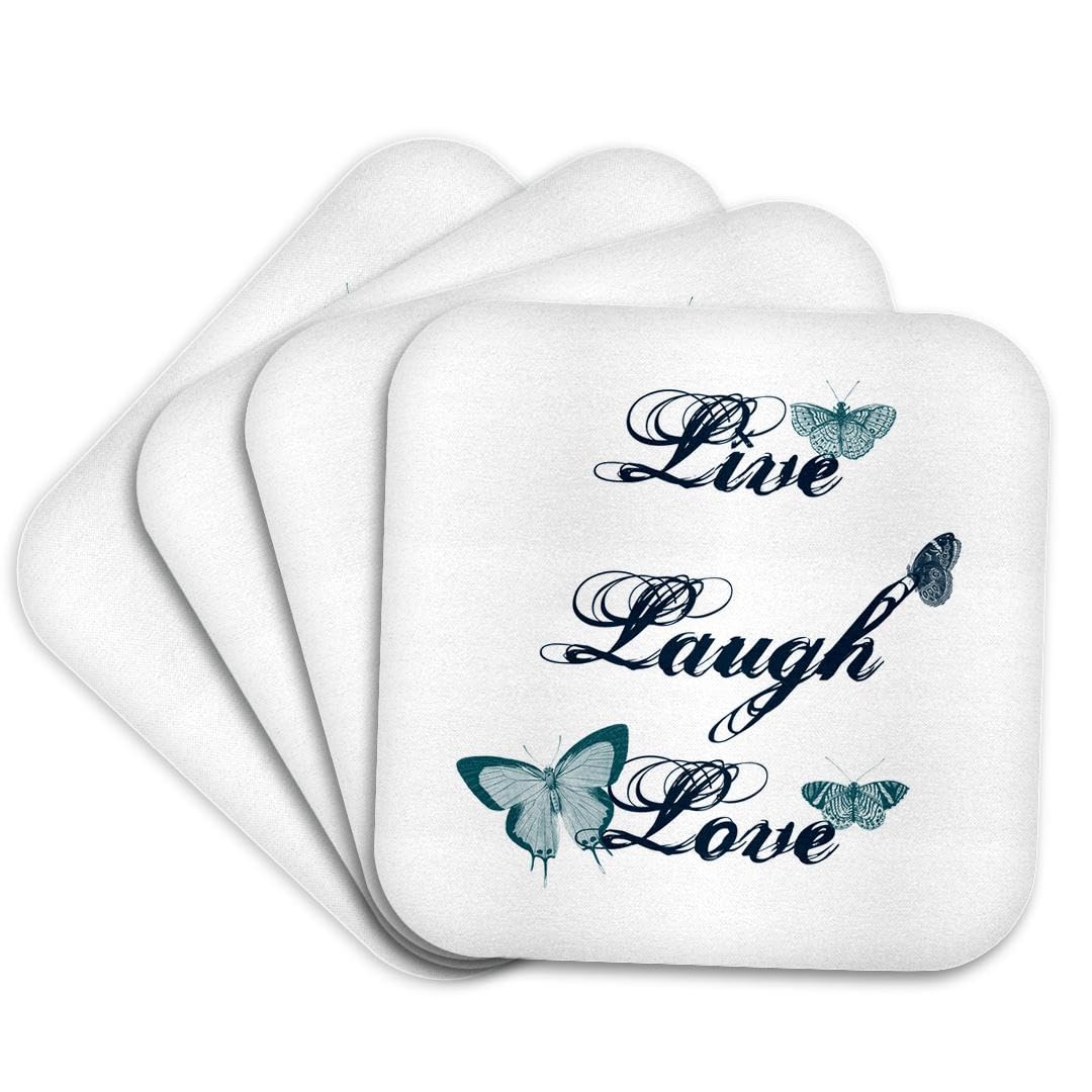 3dRose cst_130535_1 Live, Laugh, Love Teal Butterflies Inspirational Art-Soft Coasters, Set of 4
