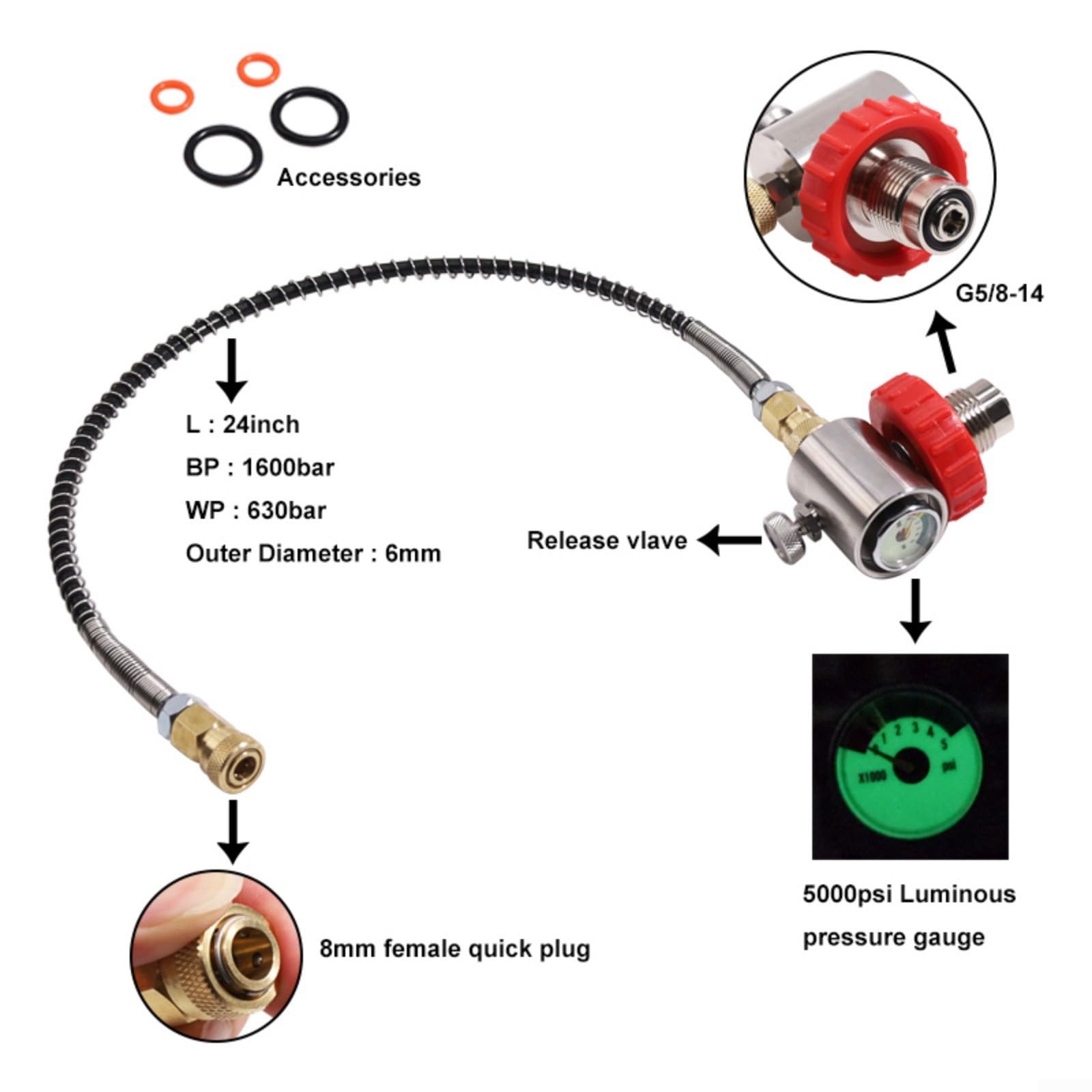 Manometro per immersioni subacquee con adattatore di riempimento da G5/8 a 7/8, doppio calibro luminoso fino a 6000 PSI, tubo a molla da 24 pollici per ricarica cilindro (SFC044)