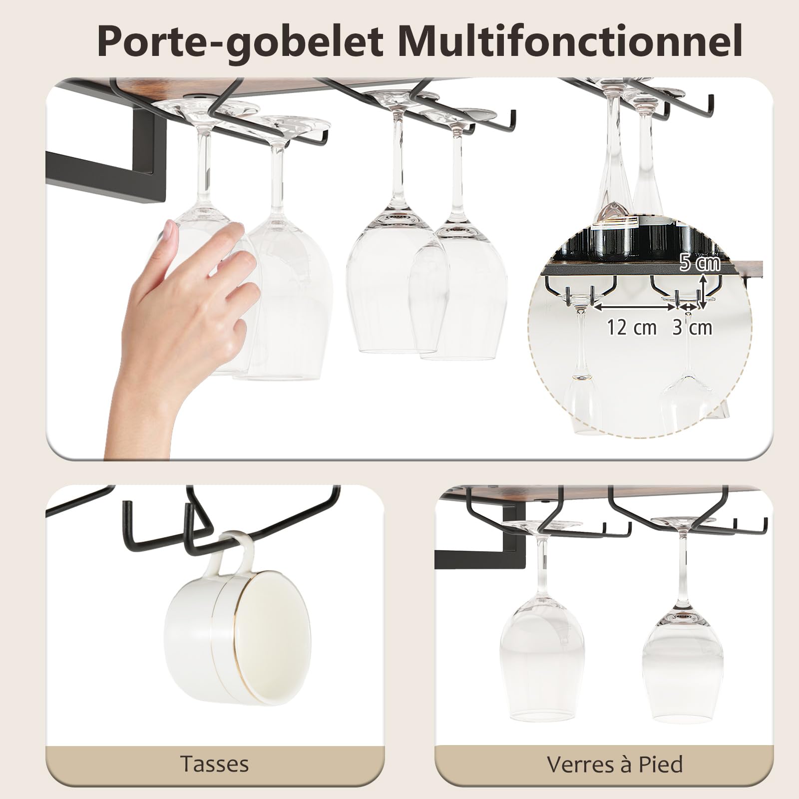 GOPLUS Étagère à Vin Murale, 2 Niveaux pour 14 Bouteilles, 9 Porte-Verres à Vin ou 6 Tasses, Étagère de Rangement Suspendu pour Bar à Domicile, Salle à Manger, Cuisine, 60x20x55cm