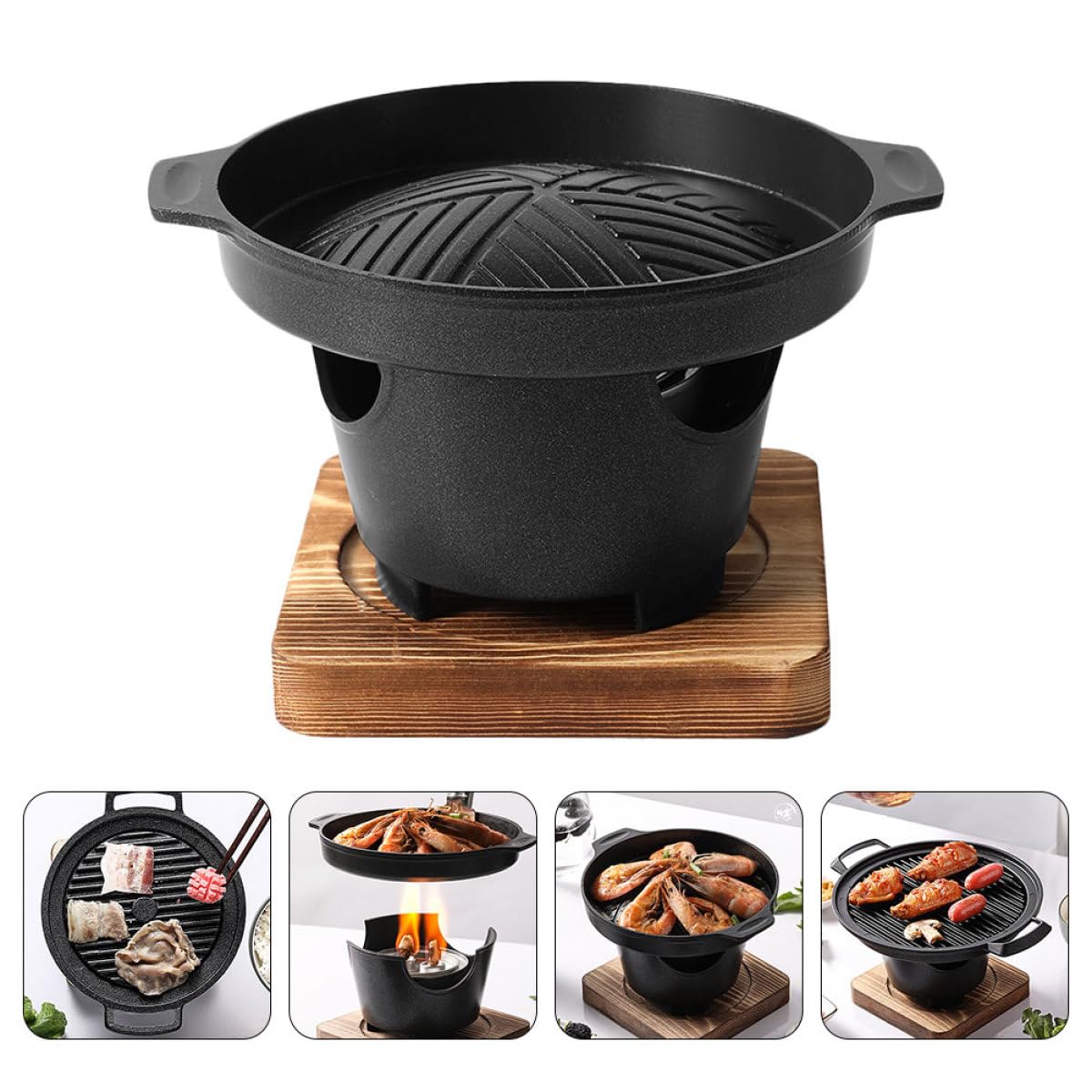 Horno Pequeño para Barbacoa de Interior de Aluminio, Parrilla de Carbón Portátil, Mini Barbacoa sin Humo Triángulo y Tabla de Madera, Utensilio Práctico para Camping y Cocina