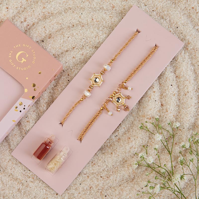 Image of THE GIFT STUDIO.COM | Meenakari White & Gold Bhaiya Bhabhi Rakhi Set | Designer Rakhi Combo | Raksha Bandhan Special