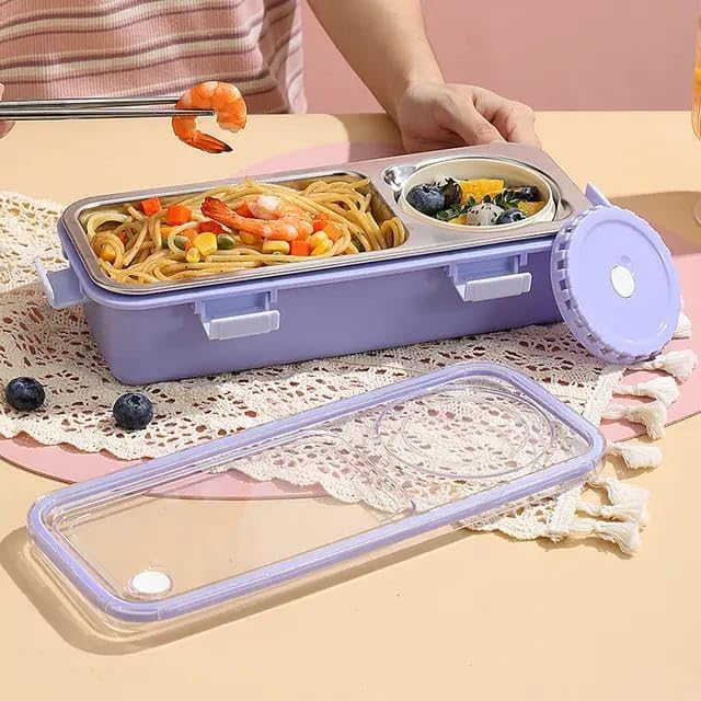 Image of Lunch Buddy Stainless Steel Bento Lunch Box Set for Food 600ml, 2 Compartment, 150ml Container 100% Leak-Proof Design Lunchbox for Office Adults & School Kids (Green)