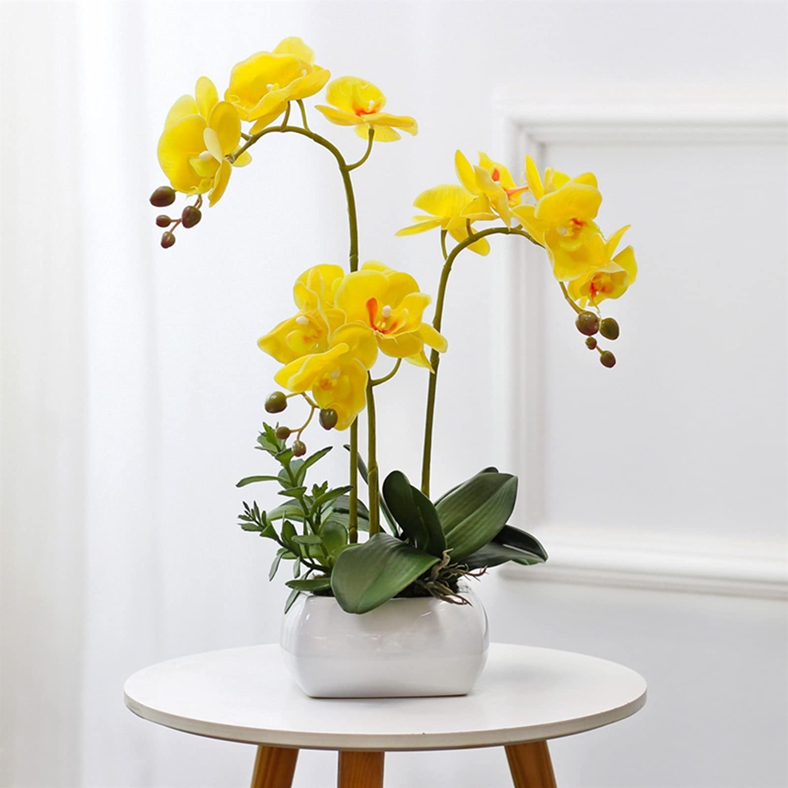 Sbziojhdr Yellow Artificial Flowers, Decor Artificial Flowers With Vase Orchid Bonsai Potted For Home Wedding Centerpiece Faux Flowerspink(Yellow)