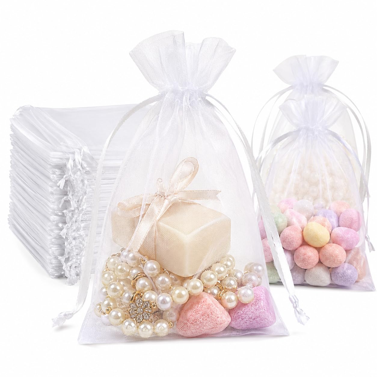 Hopttreely 50Pcs White Organza Bags 5x7 Inches, Durable Mesh Gift Bags Drawstring, Jewelry Pouches Candy Treat Sachet Mesh Bag Drawstring for Wedding Party Favors Baby Shower and Fruit Protection