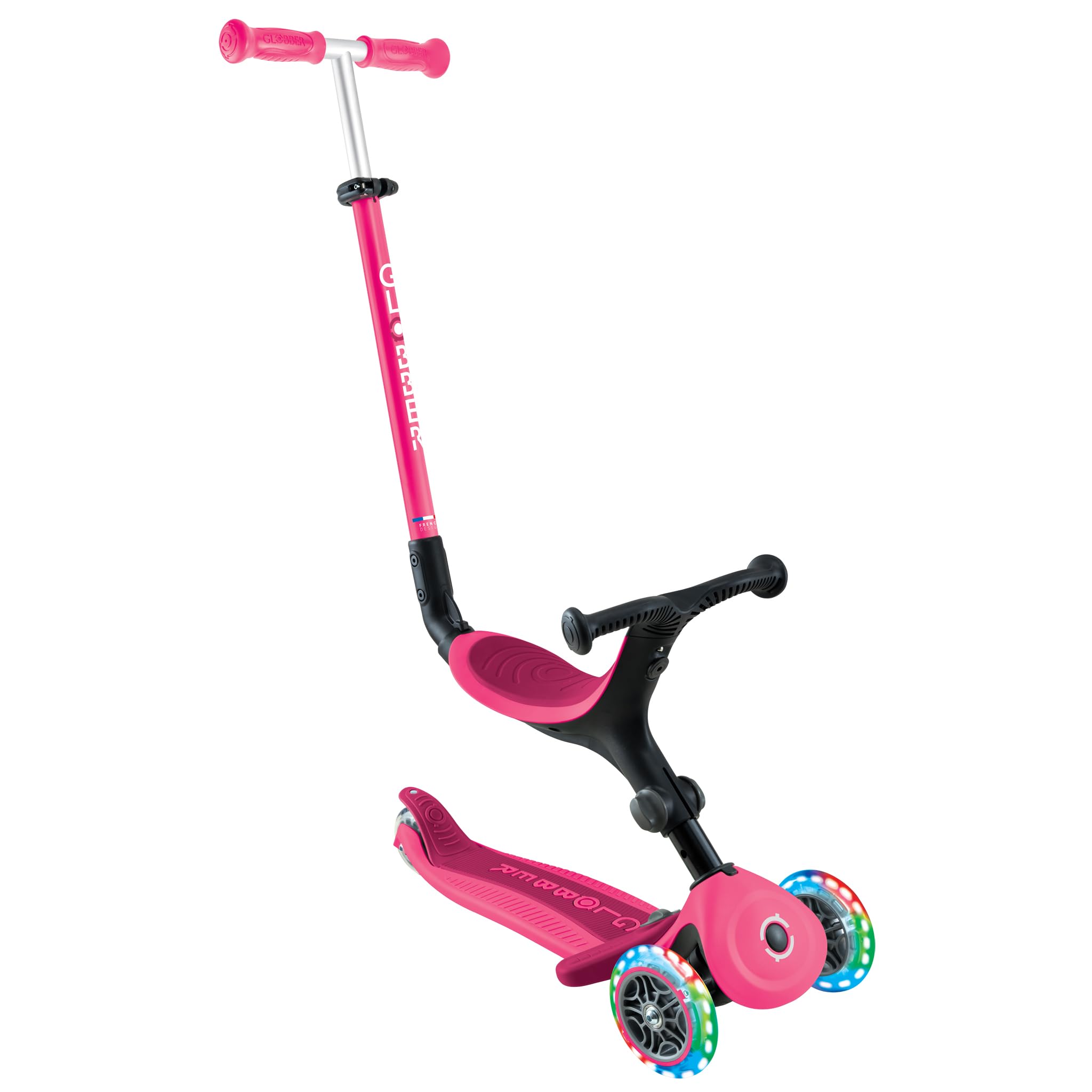 GLOBBER GO-UP Active Lights – rower trójkołowy 3 w 1, rowerek biegowy i skuter, 120/80 mm, 3-kołowy, z regulacją wysokości