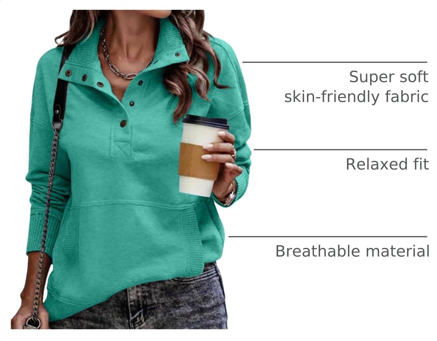 SHEWIN Women's Casual Long Sleeve Stand Neck Sweatshirt Lightweight Button Drawstring Pullover Tops image 4