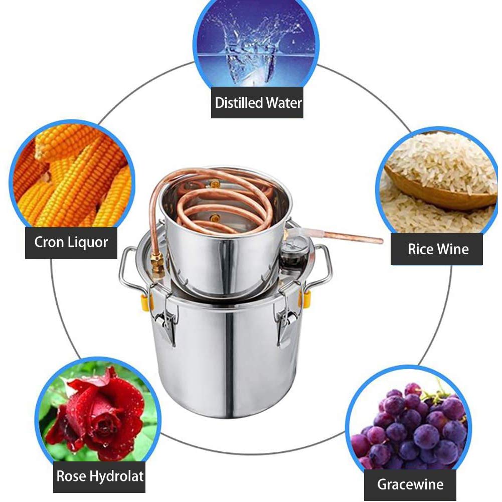 JIXIN Alambique, 3Gal 12L Destilador De Alcohol Moonshine Todavía Termómetro Incorporado Kits De Destilación Caldera Kit De Elaboración Casera De Acero Inoxidable (3Gal / 12L)