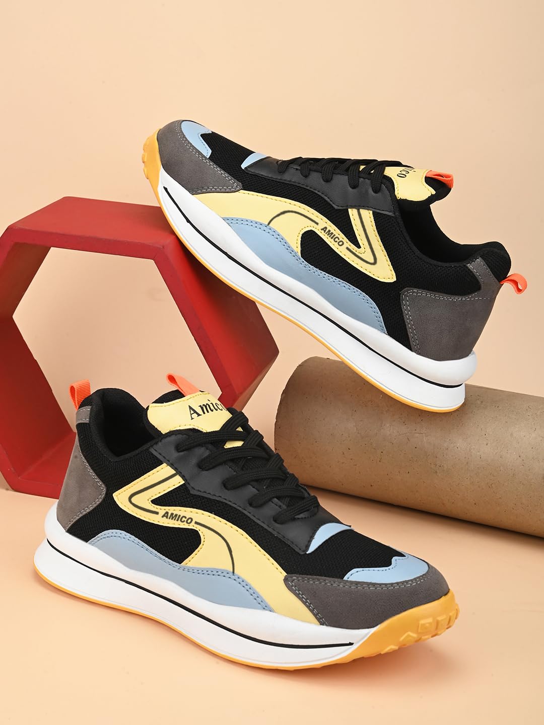 Amico Men Sports Running Shoes Size 6 | Black Yellow Lightweight Shoes | Comfortable Walking Gym Shoes | Stylish Sports Shoes for Men Active Footwear 1