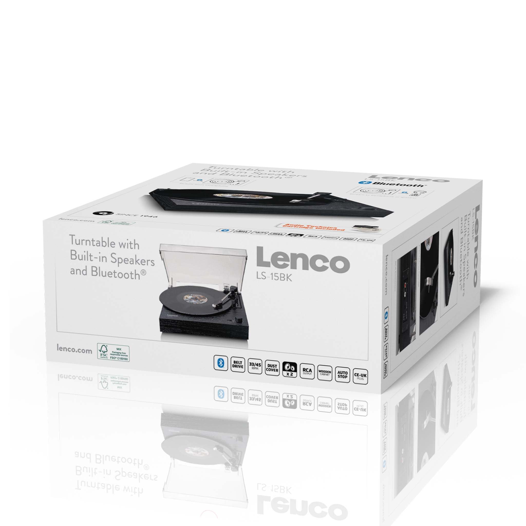 Lenco LS-15BK Giradischi Bluetooth 2 Altoparlanti Integrati Pickup AT3600L Cinghia Auto-Stop 33/45 Giri AUX RCA Nero