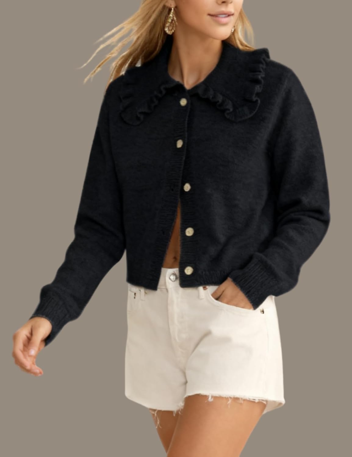 InterNos Womens Y2k Ruffled Collar Cardigan Sweaters Classic Button Down Long Sleeves Fall Sweater Crop Tops - Image 4