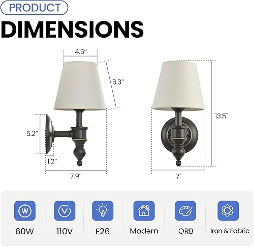 Miniatura 5 de Juego de 2 apliques de pared modernos para dormitorio, apliques de pared con pantalla de tela beige, lámparas de pared interiores para sala de