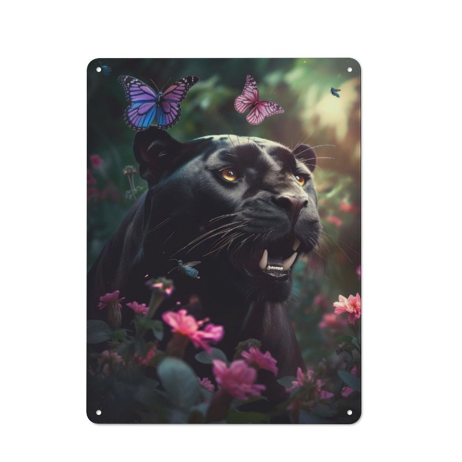 Junmoney Black Panther Butterflies Warehouse Style Metal Wall Decor 40X30cm, Industrial Metal Sign For Workspace, Cafe, Hallway Or Garage