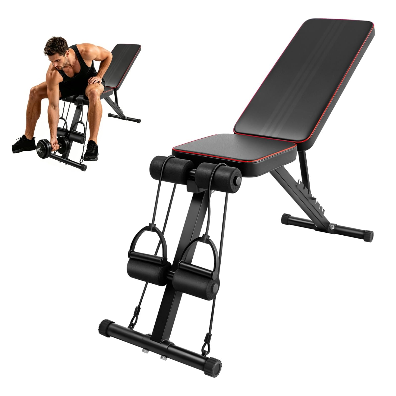 Adjustable Foldable Weight Bench with Pull Ropes, 200KG Stable Strength Training Bench, Utility Incline/Decline Gym Bench for Home Full Body Workout,