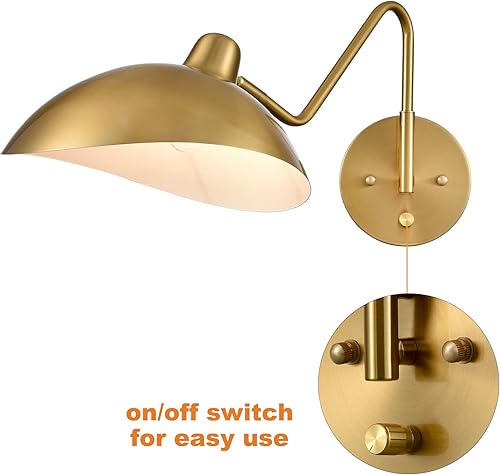 Miniatura 6 de Aplique de pared enchufable dorado con brazo oscilante, lámpara de pared de latón con interruptor de encendidoapagado para dormitorio, juego de 2