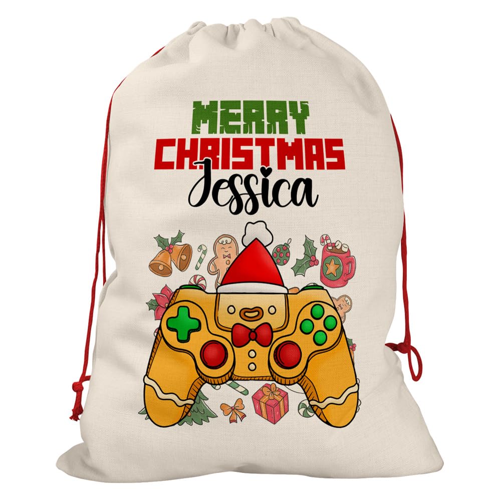EnvyFone Personalised - Gamer Controller Santa Sack - Gingerbread Man Bag - Stockings Gift Holder - Large or Small