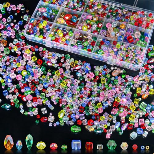 Laopottbeads 1500 Pcs Crystal Glass Beads for Jewelry Making 12 Styles Bicone Rondelle Cube Teardrop & 3mm Spacer Beads DIY Bracelet Necklace Earring Craft Kit Random Colors(Multicolored)