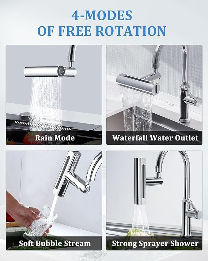 Image of 4 Modes Splash-Proof Kitchen Faucet 360 Swivel Bathroom Faucet Extender Multi Function Sink Swivelling Waterfall Tap Accessory for Washing Vegetable Fruit,Waterfall Kitchen Faucet.