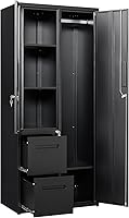 PEUKC 67" Metal Storage Locker with Locking Doors, 2 Drawers & Adjustable Shelves - Freestanding Wardrobe for Office, Home, Garage, Gym (Black)