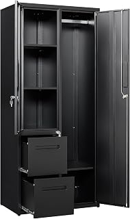 PEUKC 67" Metal Storage Locker with Locking Doors, 2 Drawers & Adjustable Shelves - Freestanding Wardrobe for Office, Home, Garage, Gym (Black)