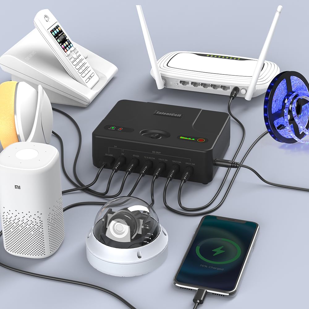 TalentCell Mini USV, Unterbrechungsfreie Stromversorgung, DC 24/19/15/12/9/5V Lithium-Ionen-Akku, wiederaufladbar, 97.68 Wh, für Modem, Router, LED-Leuchtstreifen, CCTV-Kameras