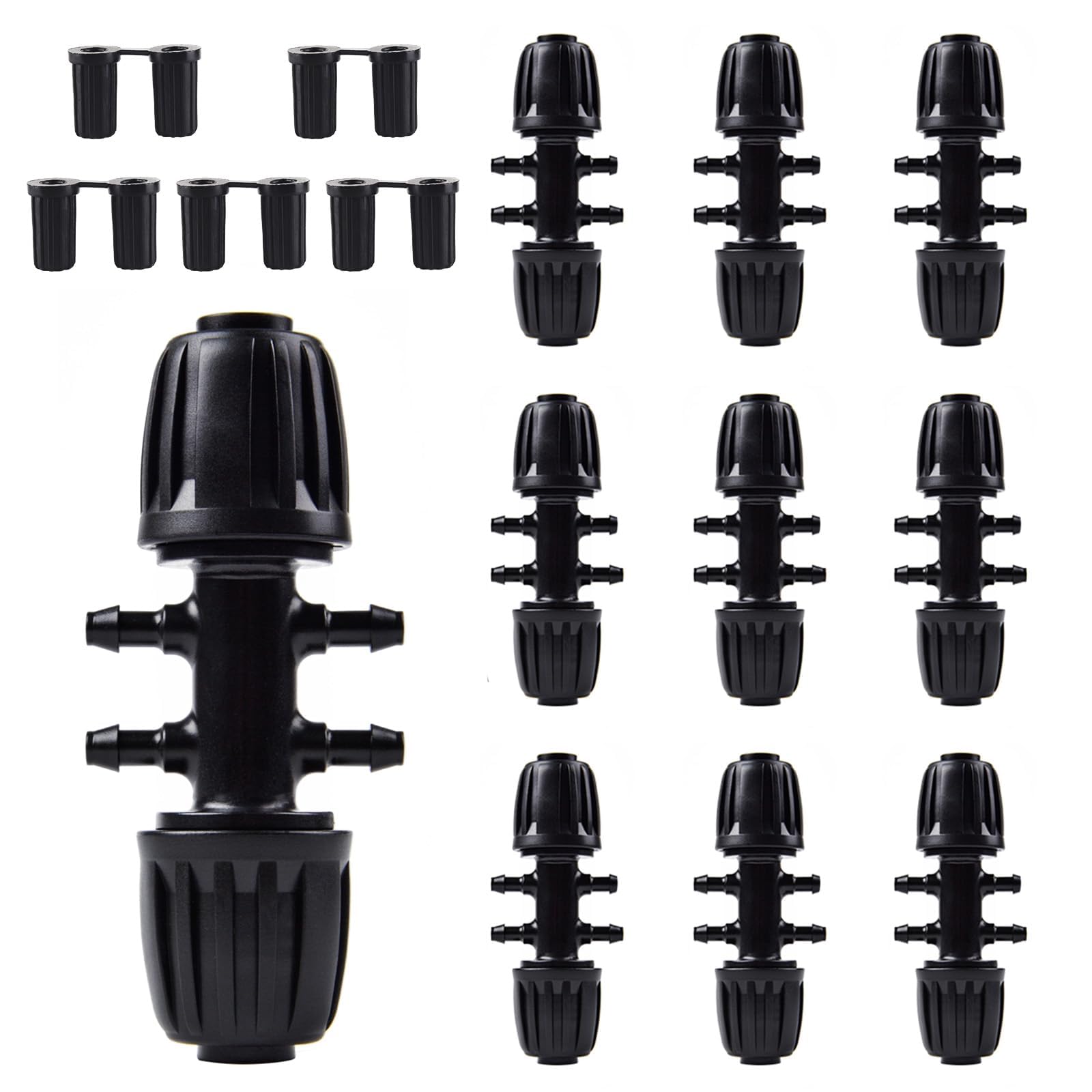 Kalolary 10PCS Barbed Tee 1/2 inch to 1/4 inch Irrigation Tube Anti-Drop Premiun Quality Fitting (fits 13mm ID/ 4mm ID), 16mm PE Pipe Lock Female Connector to 47 Pipe Variable Diameter Six-Way Adapter