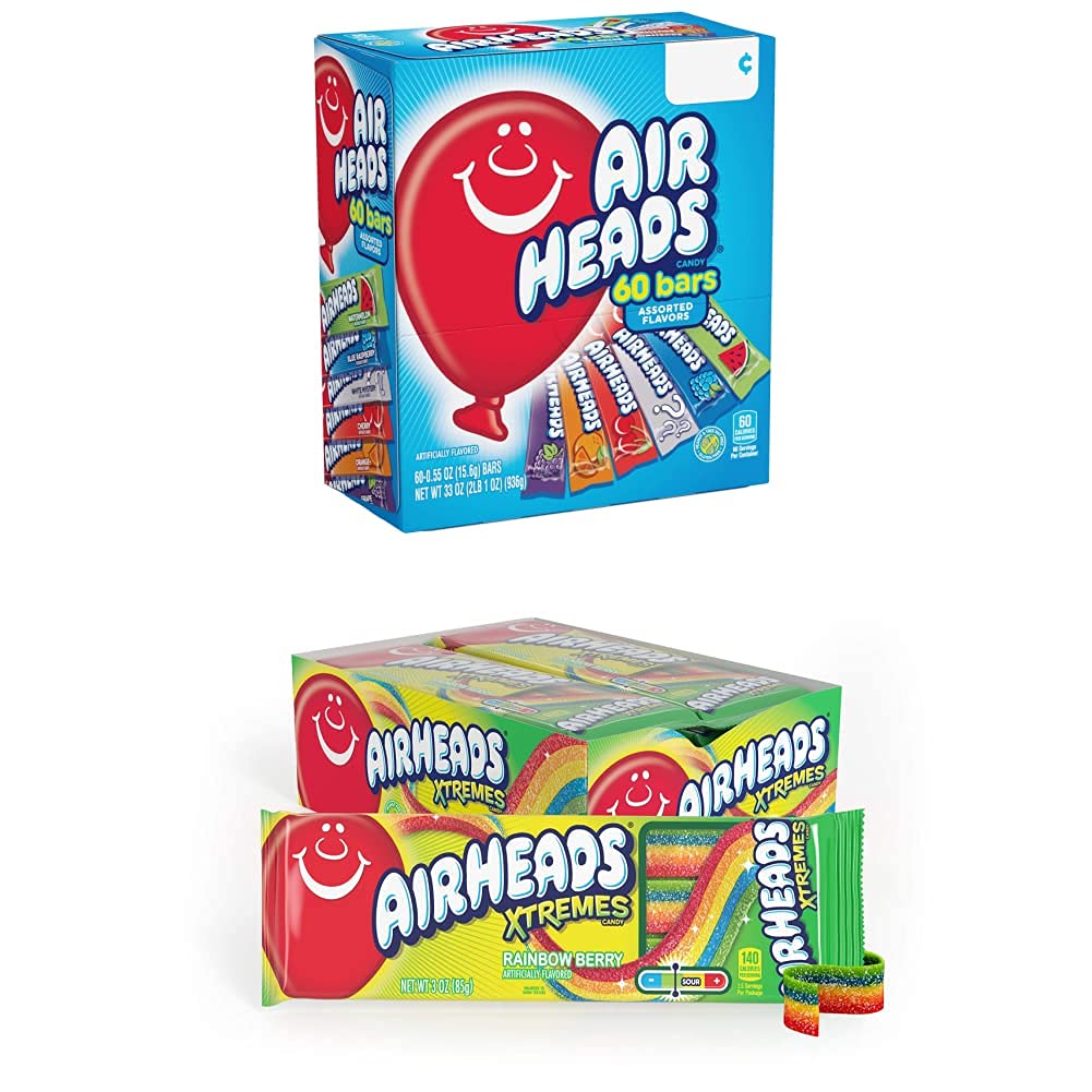Airheads Candy Bars, Variety Bulk Box, 60 Indvidually Wrapped Full Size Bars and Xtremes Belts, 3oz (Bulk Pack of 12)