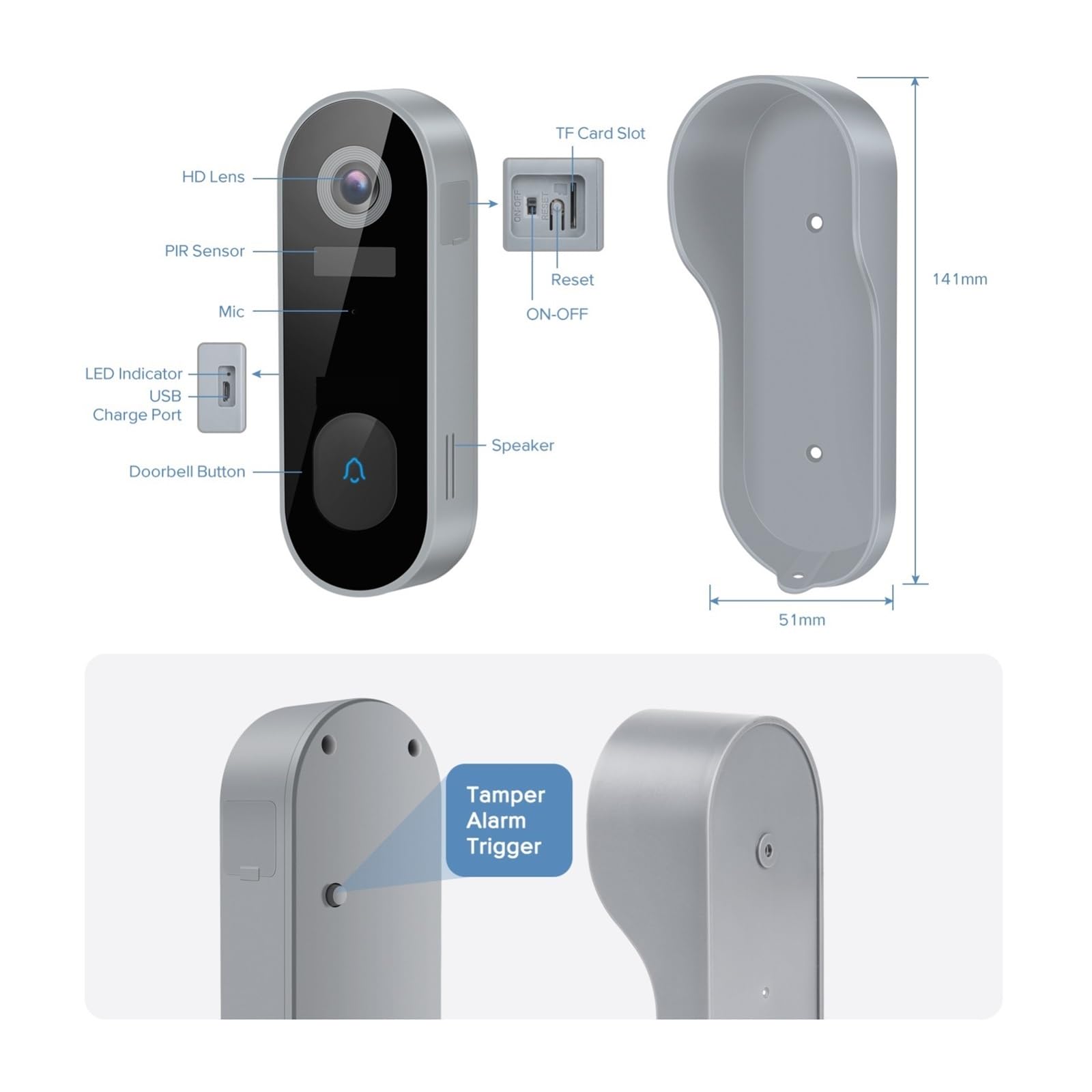 Timbre con Video Inteligente WiFi 1080P, Intercomunicador Recargable, Timbre con Alarma IR, Seguridad Inalámbrica