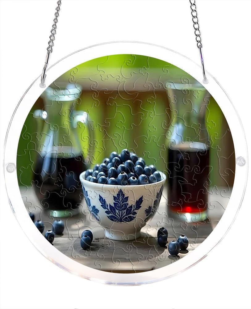 Blueberry Bowl with Ceramic Acrylic Jigsaw Puzzles Suncatcher, 8.9 Inch Window Hanging Suncatcher Acrylic Puzzle, DIY Home Decor Art Gift