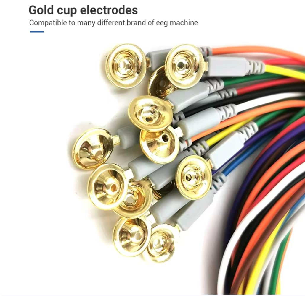 EEG Gold Cup Electrodes, 59 Inch Multicolor Cables, DIN 1.5mm Plug, Electroencephalogram Leads, 10pcs/pkg