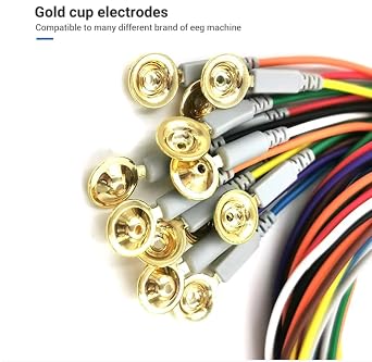 EEG Gold Cup Electrodes, 59 Inch Multicolor Cables, DIN 1.5mm Plug, Electroencephalogram Leads, 10pcs/pkg
