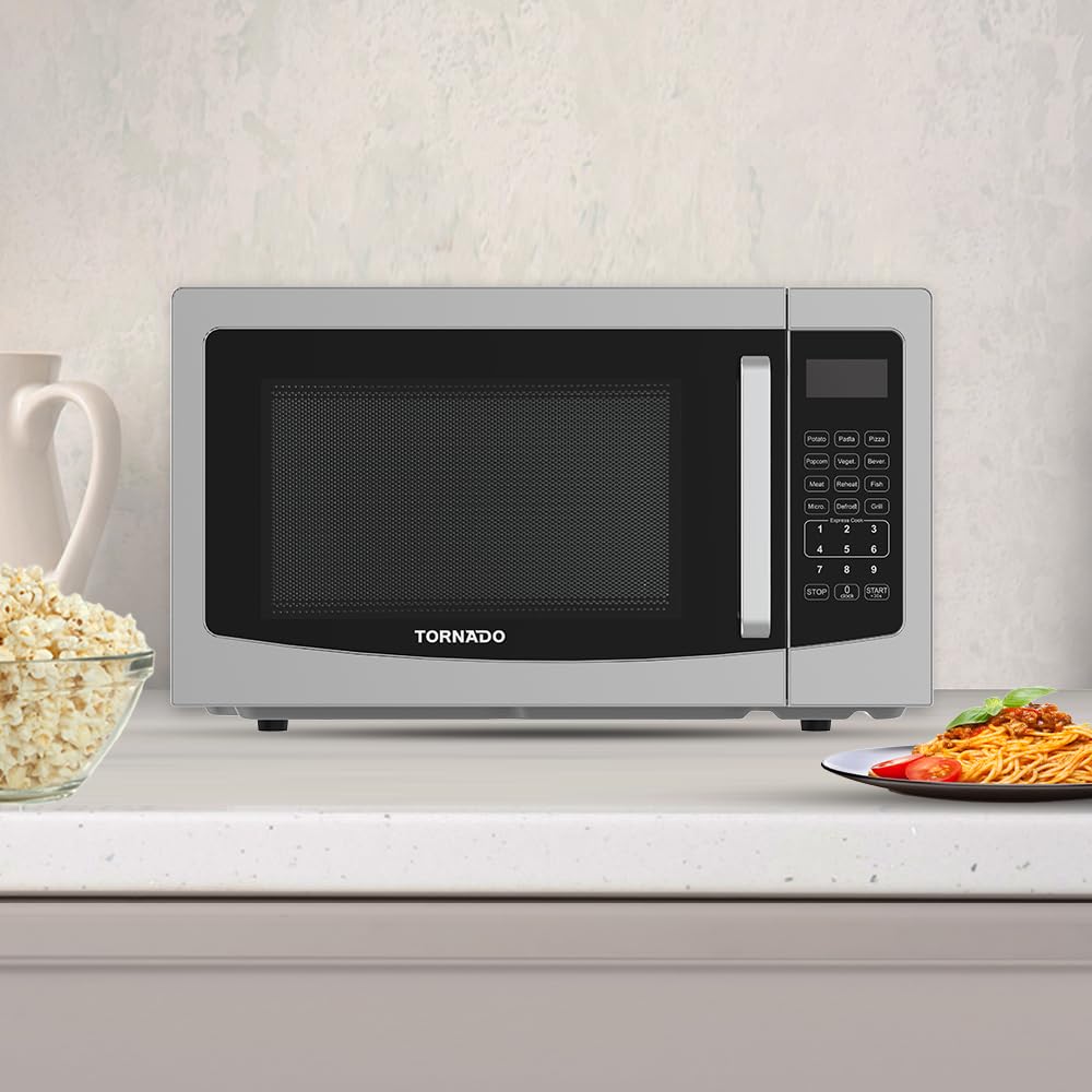 Tornado 30 Liters Digital Microwave Oven 3 in 1 with Grill function 10 Power Levels, 900W, Touch Control panel, Child-Safety-Lock, Defrost Function, 8 Auto cooking function, Silver, TWDG-30L-S-E