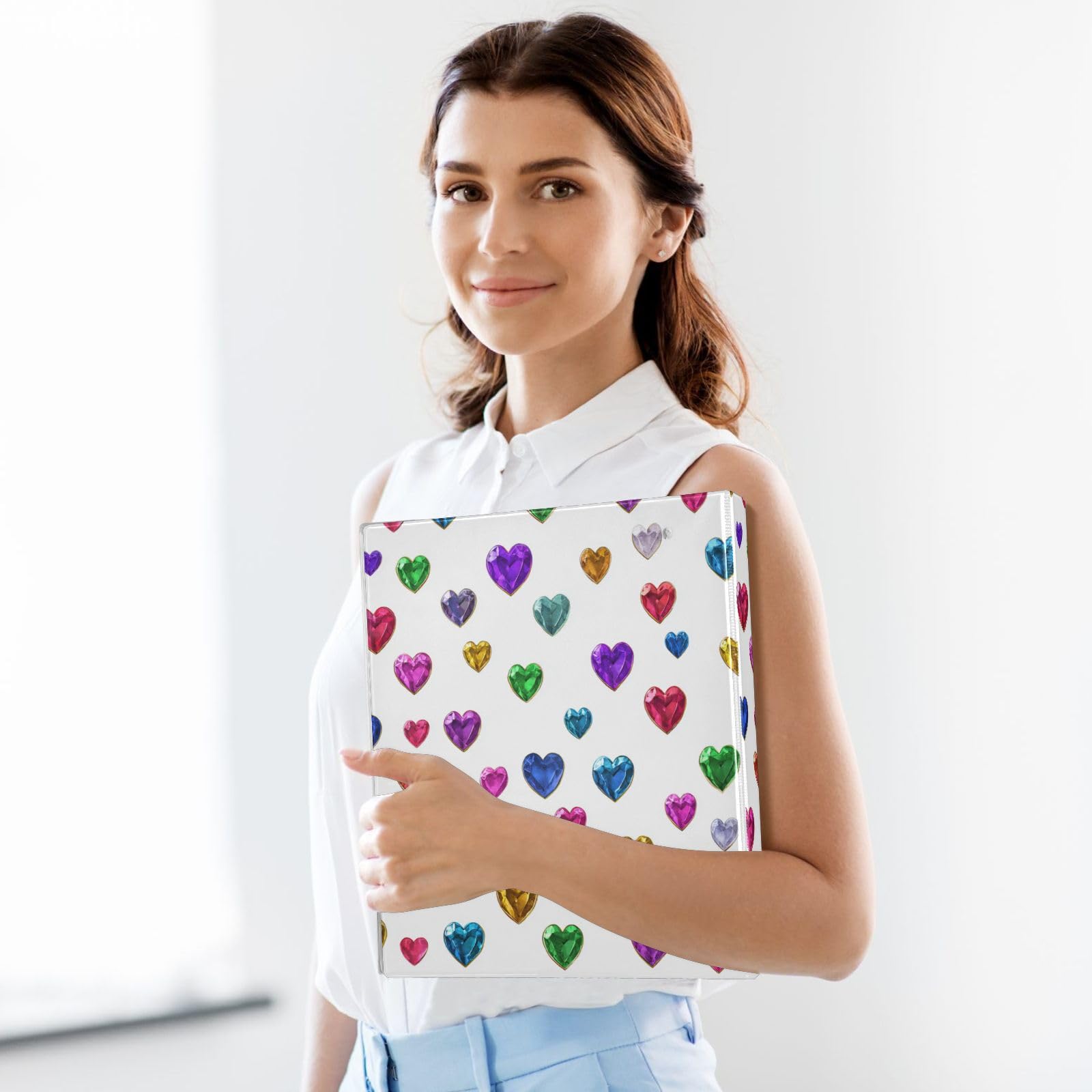Kcldeci Raccoglitore a 3 anelli con copertina rigida, con gemme colorate a forma di cuore, 3,8 cm, 200 fogli, per ufficio, casa, rientro a scuola, confezione da 2
