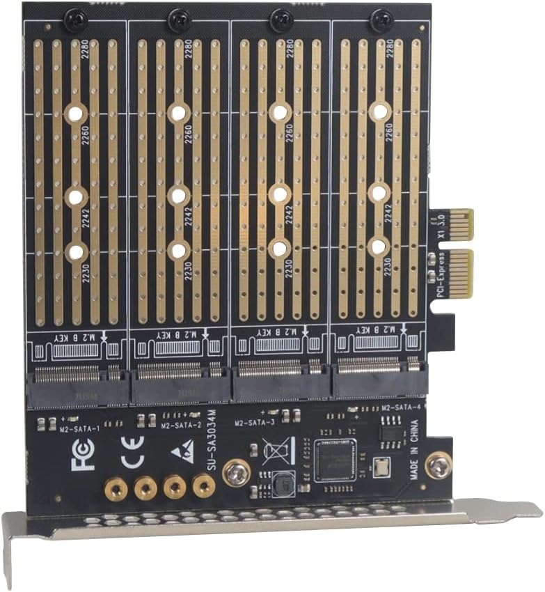 JMT M2 NGFF M Key B-Key SSD Adapter Card M.2 to PCI-E 3.0 X4 High Speed Expansion Card 1/2/4 Bay SATA Adapter for 2230-22110 SSD Conversion Card (SA3034M)
