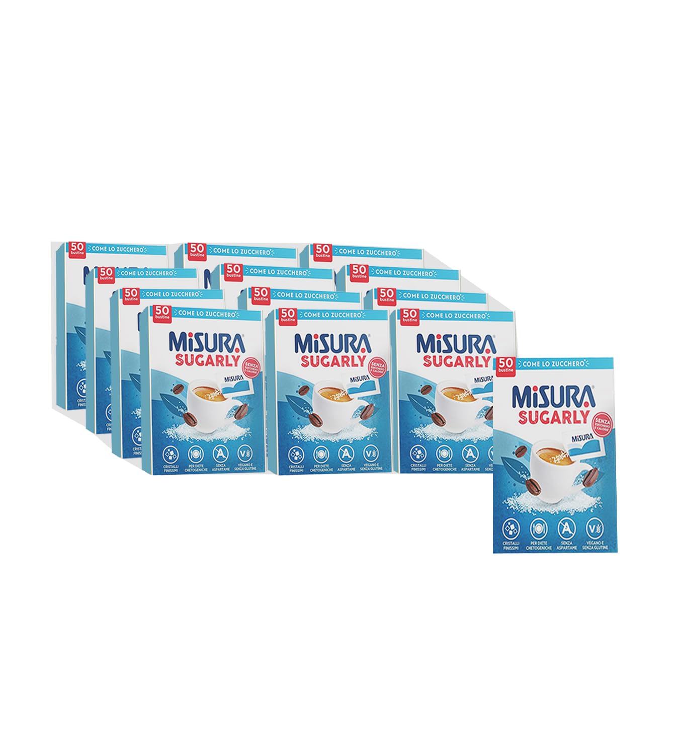 Misura Sugarly 50 Bustine, Dolcificante Senza Retrogusto, Zero Calorie, Cristalli Finissimi, Senza Aspartame, Senza Glutine, Vegano, Sostitutivo dello Zucchero, Multipack da 12x50 bustine