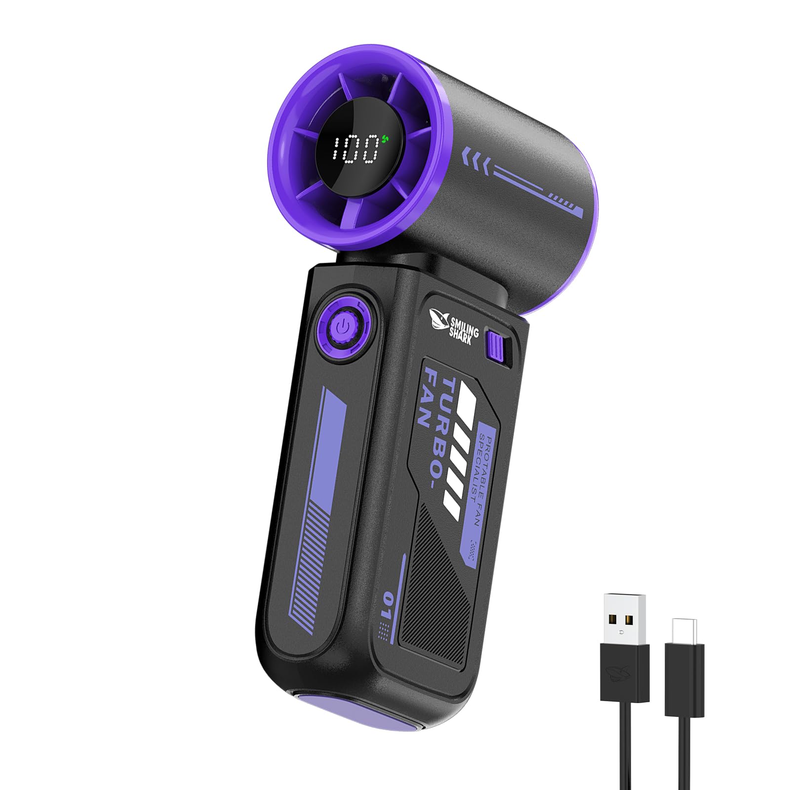 Smiling Shark TF-01 Ventilatore Turbo Portatile, Turbo Power 10m/s Alta Velocità Regolabile 1-100 Mini Ventilatore Portatile a Mano [Max 12H] con Display LED per Viaggi/Concerti/All'aperto/Campeggio