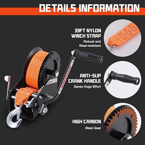 Miniatura 5 de Cabrestantes de barco para remolques, cabrestante de barco de 1600 libras con correa de 33 pies, cabrestante de mano resistente con trinquete de 2